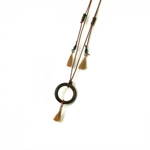Boho Tribal Necklace, Long Wooden Pendant, Tassel Jewelry