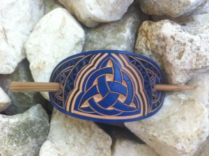 Blue celtic triquetra hand carved leather hair barrette