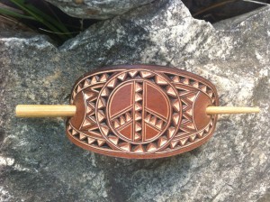 Peace sign hand carved leather hair barrette