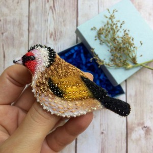 Felted embroidered brooch Goldfinch