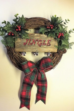 Jingle Bells Christmas Grapevine Holly Wreath