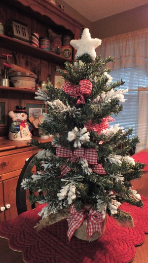 Rustic Snowy Artificial Christmas Tree with Burlap Base with Red and White Gingham Checked Bows