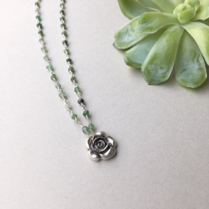 Succulent Pendant, Silver Floral Necklace, Dainty Botanical Jewelry, Silver Rose Charm, Green Chrysoprase Beaded Necklace, Plant Lover Gifts