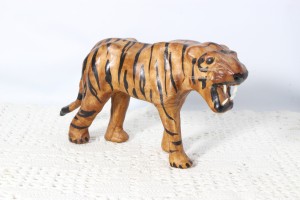 Vintage Leather Skin Covered Paper Mache Tiger Figurine Rare 8” Size