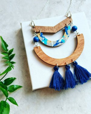 Navy Blue wood arch tassel necklace