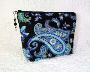 Beaded makeup bag, hand beaded paisley fabric, 7″ zipper top bag, cosmetic bag, floral print fabric, small makeup bag, gold metallic print