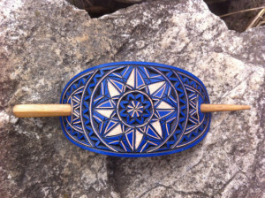 Geometrical blue hand carved leather hair barrette