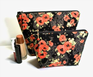 Makeup bag set, two great sizes, red floral on black background, beaded zipper pulls, cosmetic storage, lovely for travel, gadget bags