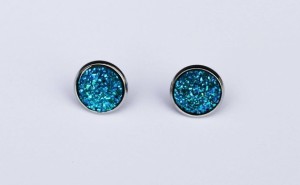 Blue gliter shine earrings, Cabochon, Stud Earrings 12mm