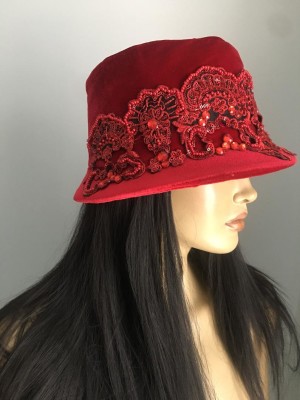 Rhinestone Womens Dress Red Velvet Winter Fedora Hat