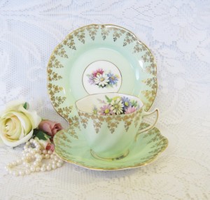 Rosina China Mint Green Tea Trio with Gold Floral Border