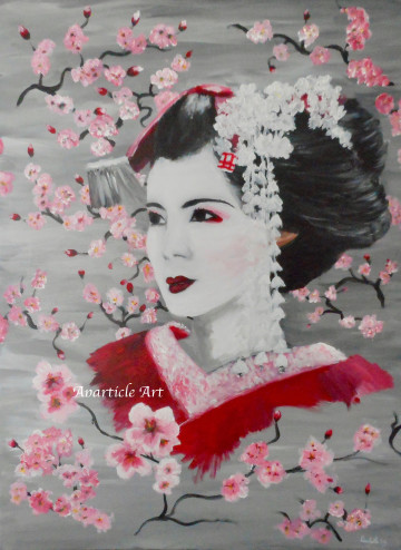 Geisha-with-sakura-Japanese-cherry-blossom-grey-gray-pink-red-art-artwork-original-acrylics-on-canvas-by-Aparticle2