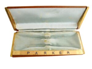 PARKER 51 vintage pen box Number 254 P leather cover, Velvet and a satin interior and brass trimmed for fountain or ball set Original 1950s.