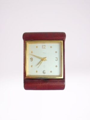 IMHOF SWISS alarm clock N.8 for travel pocket clock or for desk in working order Original from 1950s Red and gold colors tabletop clock
